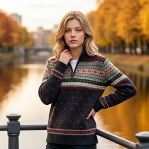 Lauren Ralph Lauren Fair Isle Quarter Zip Sweater Wool Blend Lg Hand Knit Preppy